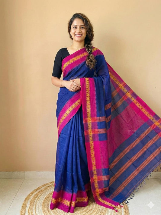 Navy blue Handloom cotton saree with Pink border