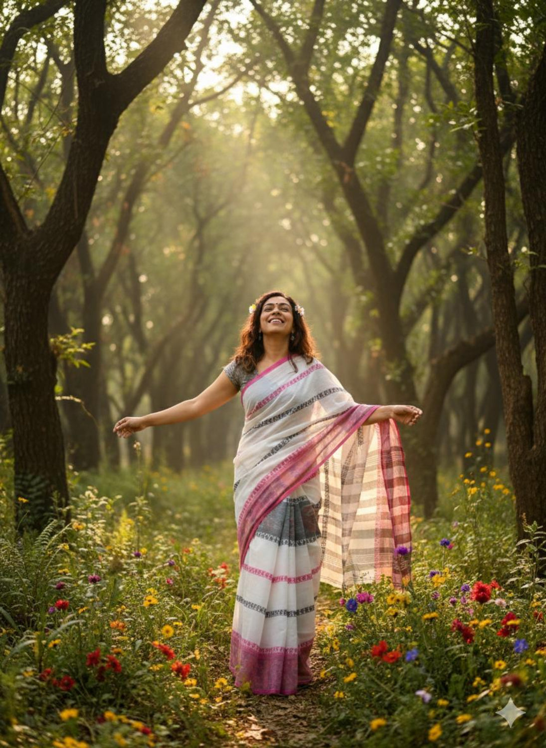 White with pink and black striped Handloom saree