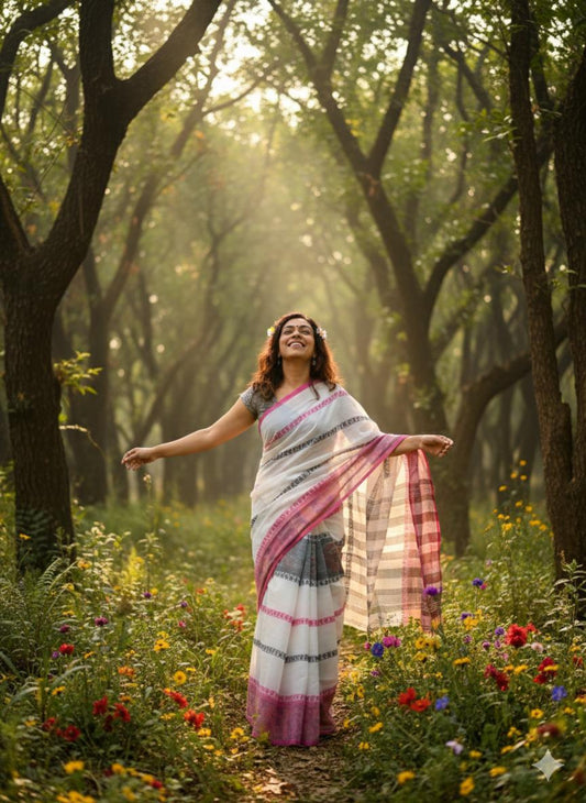 White with pink and black striped Handloom saree