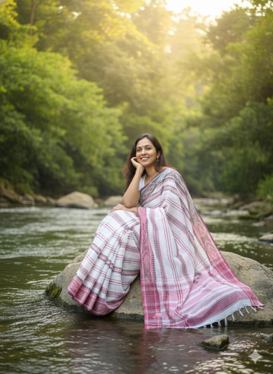 White with pink striped Handloom saree