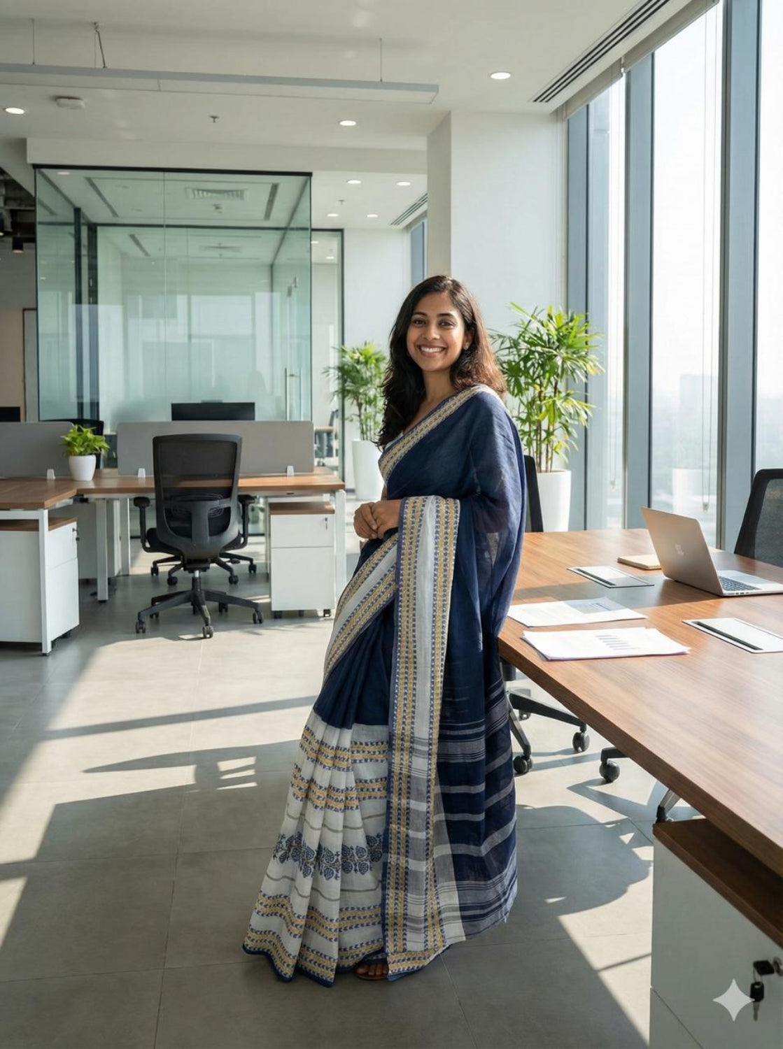 Navy blue and white Handloom saree