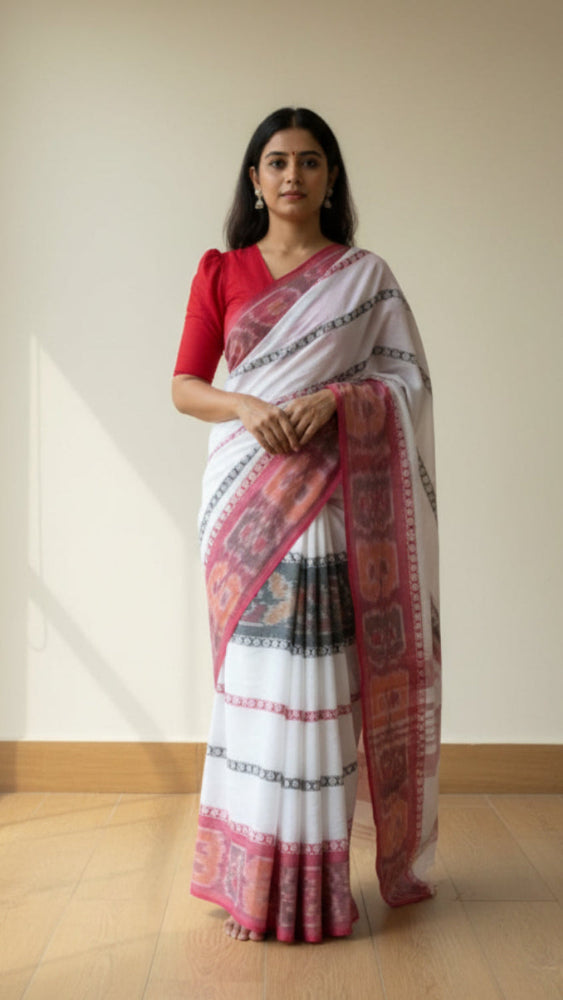 White with Red Ikkat border Handloom saree