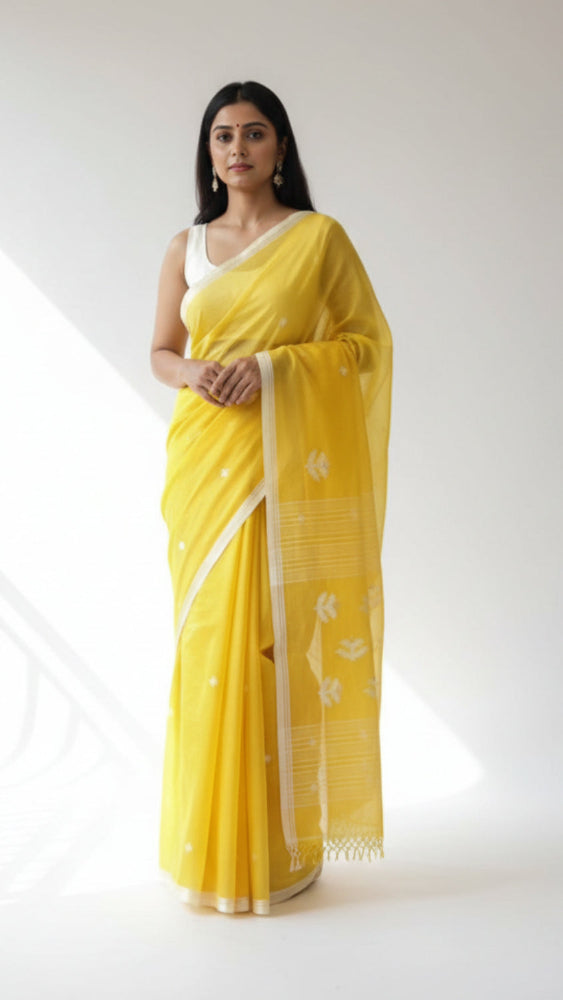 Yellow Soft cotton Jamdani saree
