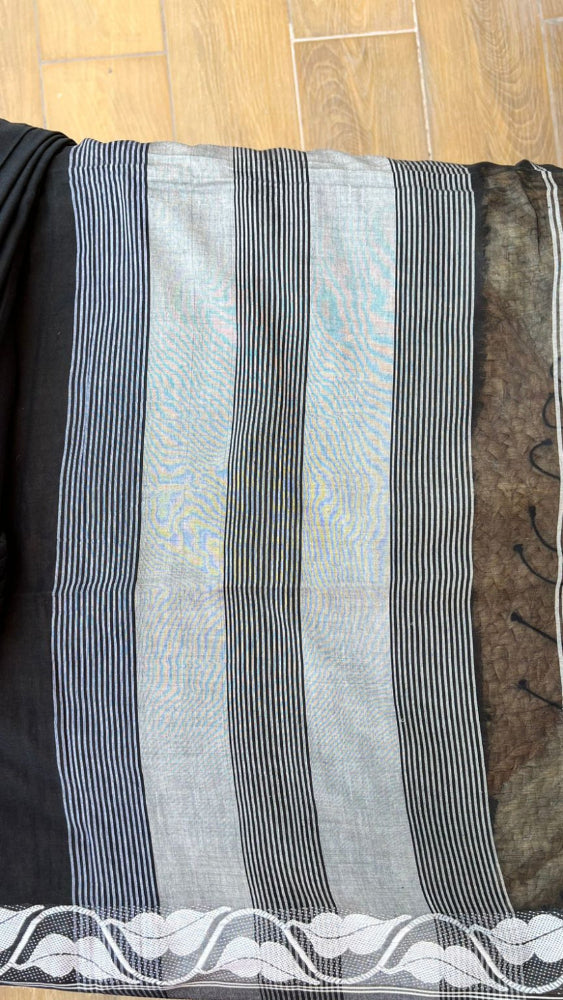 Black Handloom cotton saree with white motif border