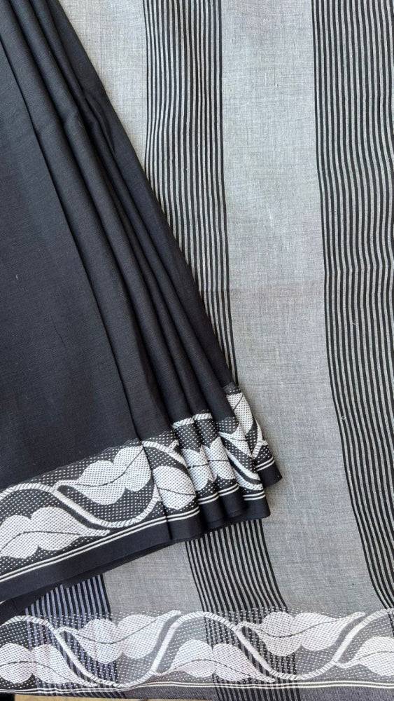 Black Handloom cotton saree with white motif border