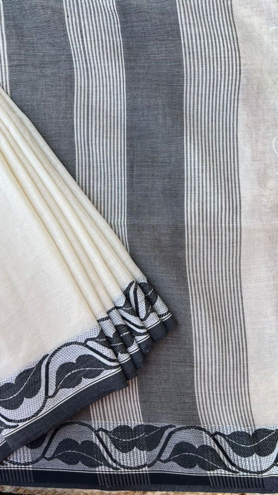 Beige Handloom cotton saree with Black woven border