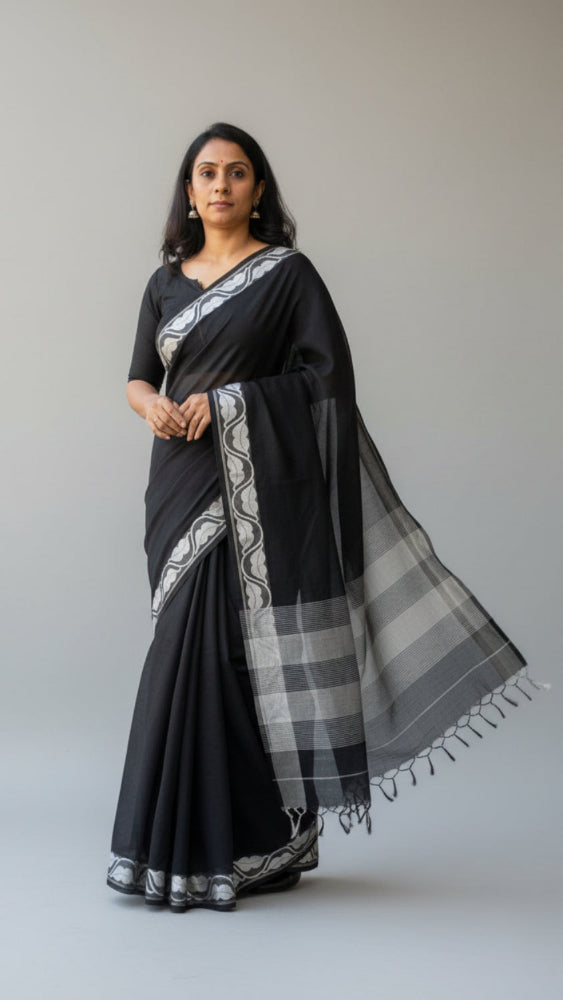 Black Handloom cotton saree with white motif border