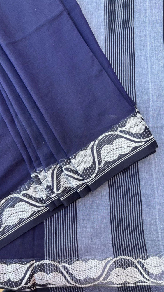 Blue Handloom cotton saree with white border