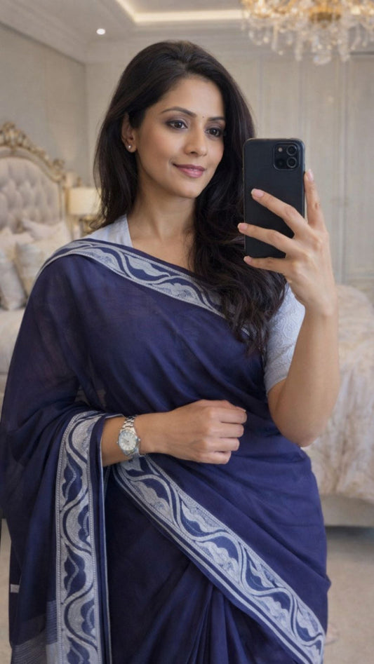 Blue Handloom cotton saree with white border