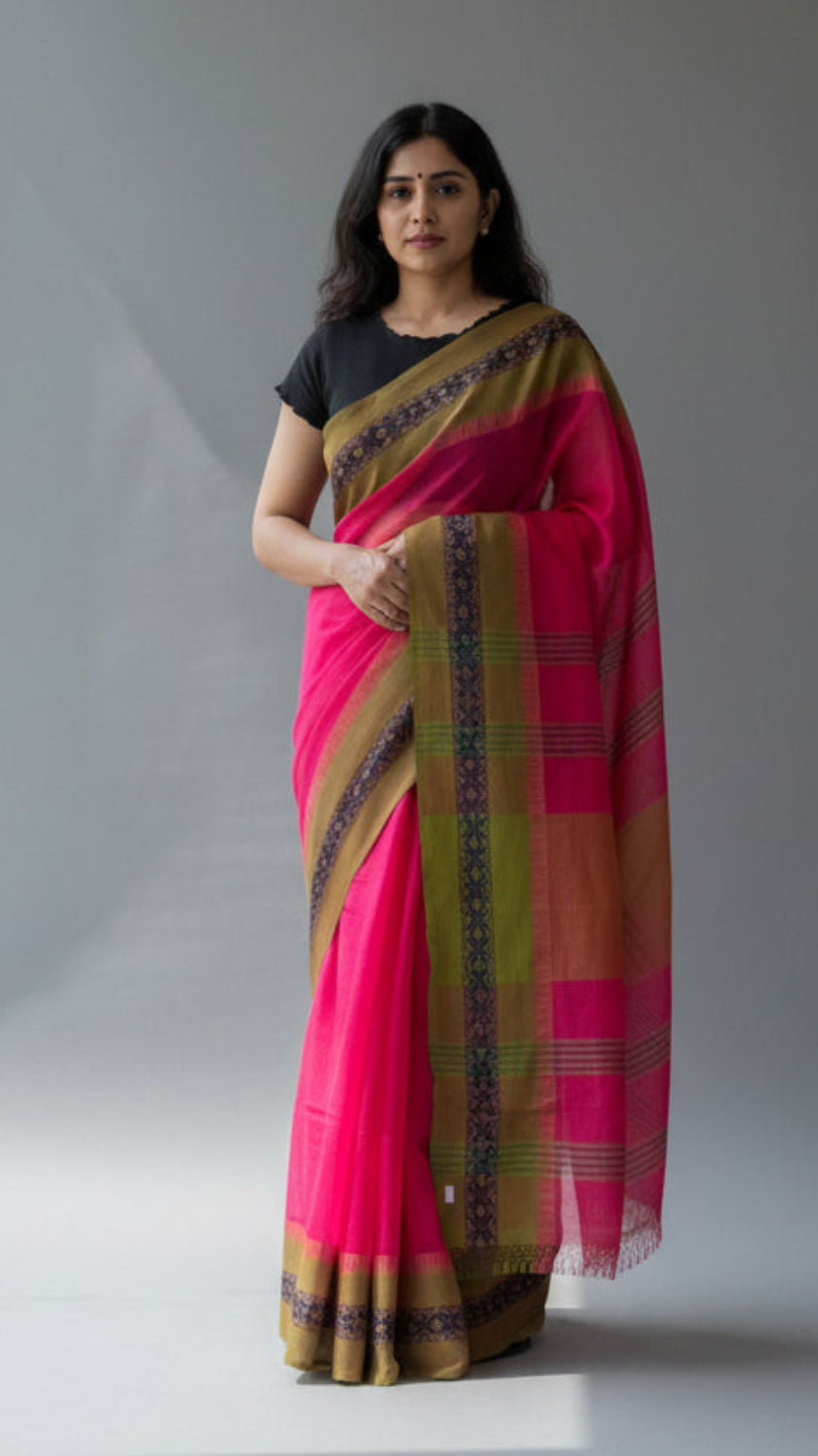 Pink Handloom cotton saree with green border