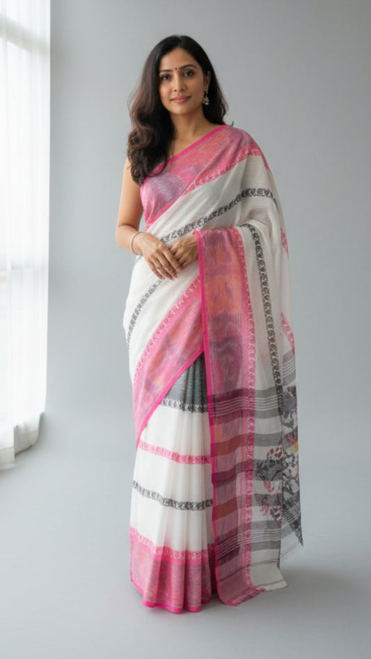 White with pink and black striped Handloom saree