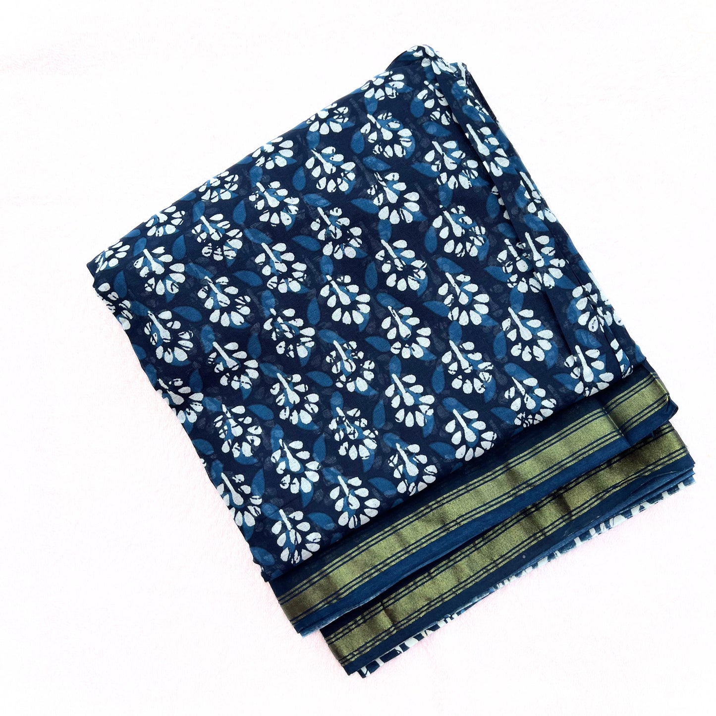 Indigo printed cotton saree
