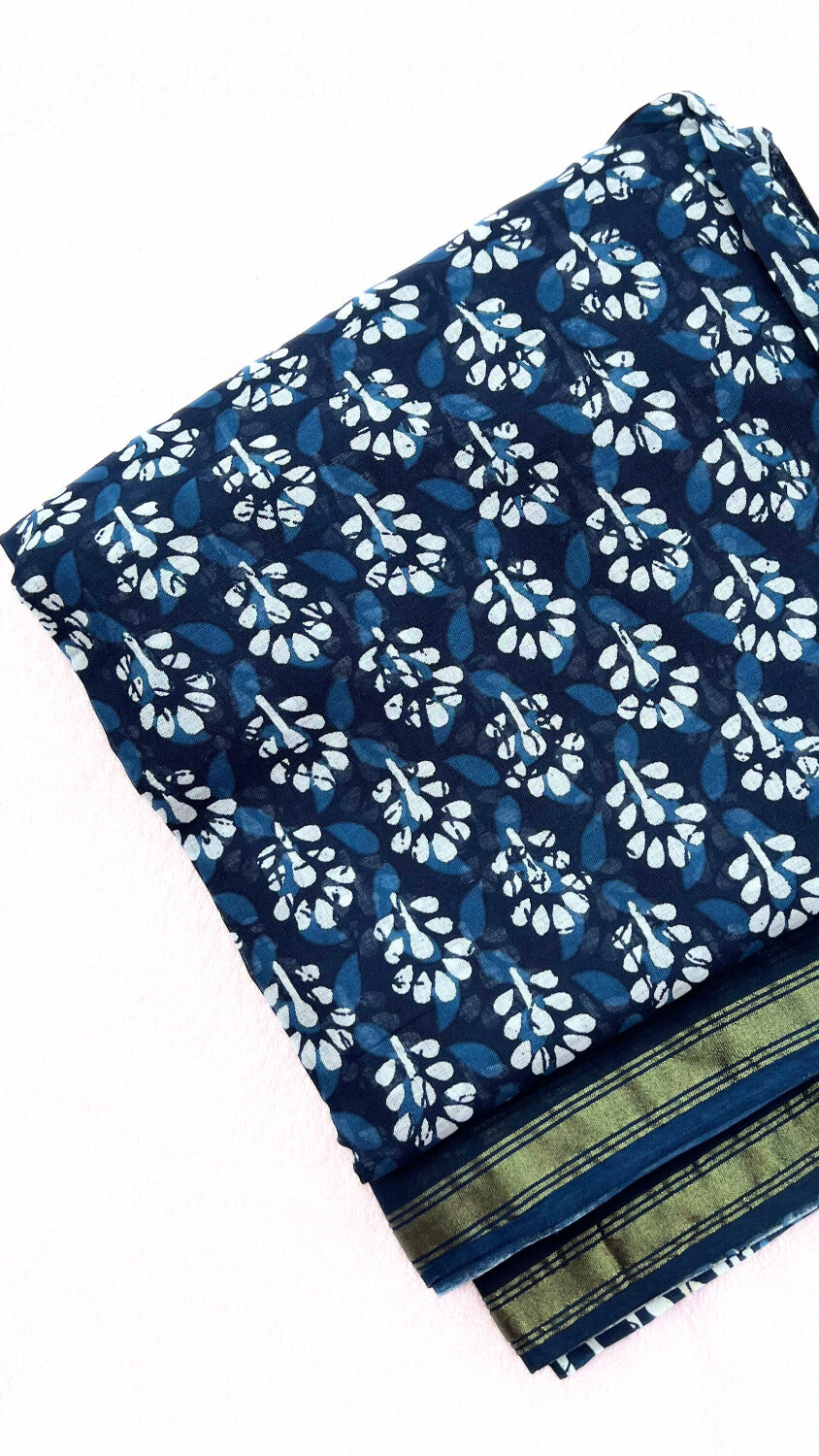Indigo printed cotton saree