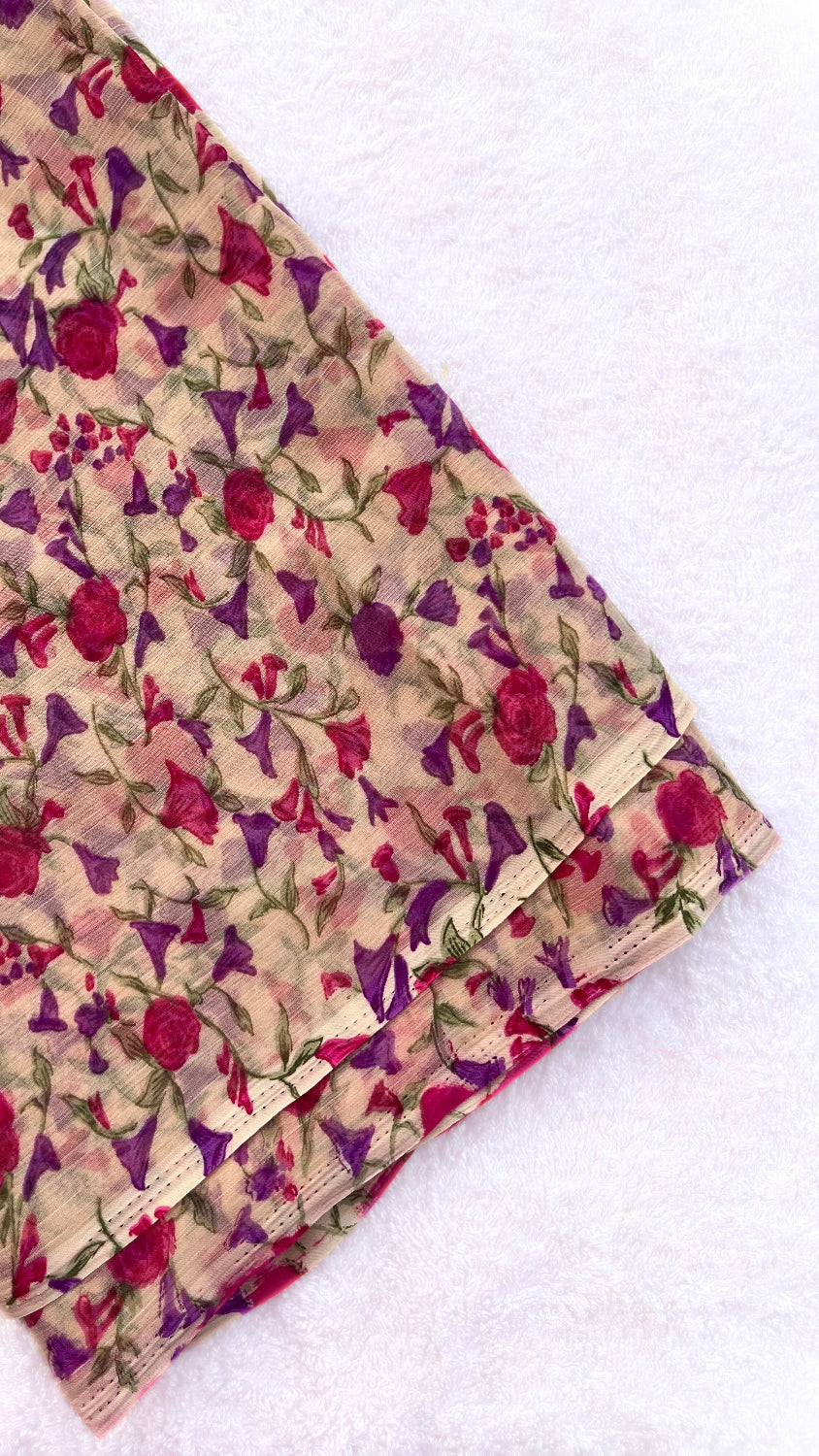 Beige Small floral print Semi Chiffon saree