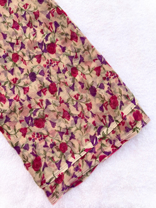 Beige Small floral print Semi Chiffon saree