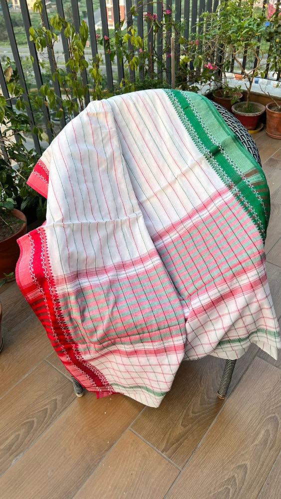 White striped saree with contrasting border